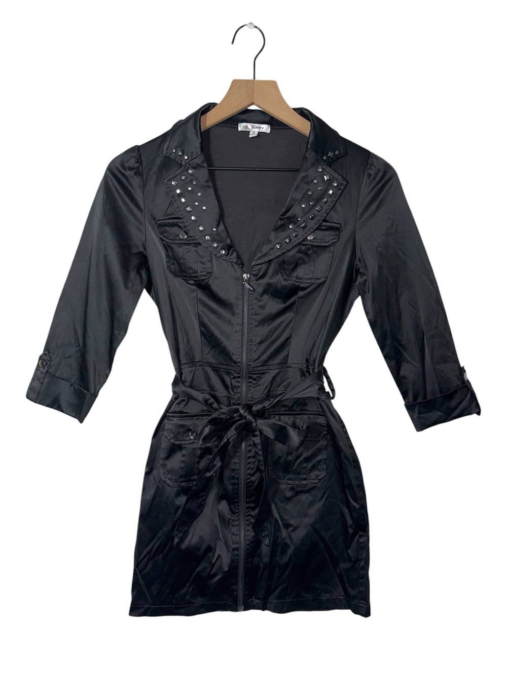 Y2K Entry Metallic Little Black Mini Dress Office Siren Studded Collar Goth Zip